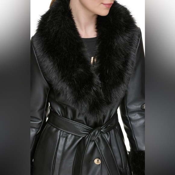 Black Faux Fur Trim Leather Coat size small - Picture 5 of 7